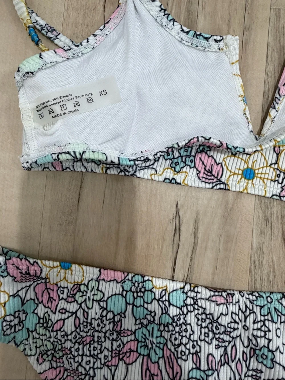 SHEIN White Floral Kids Bikini with Blue, Pink, and Yellow Accents